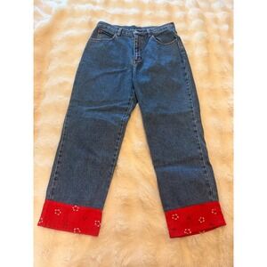 Baccini Vintage High Waisted Bandana Cuff Jeans Red Floral Contrast Stitch 6